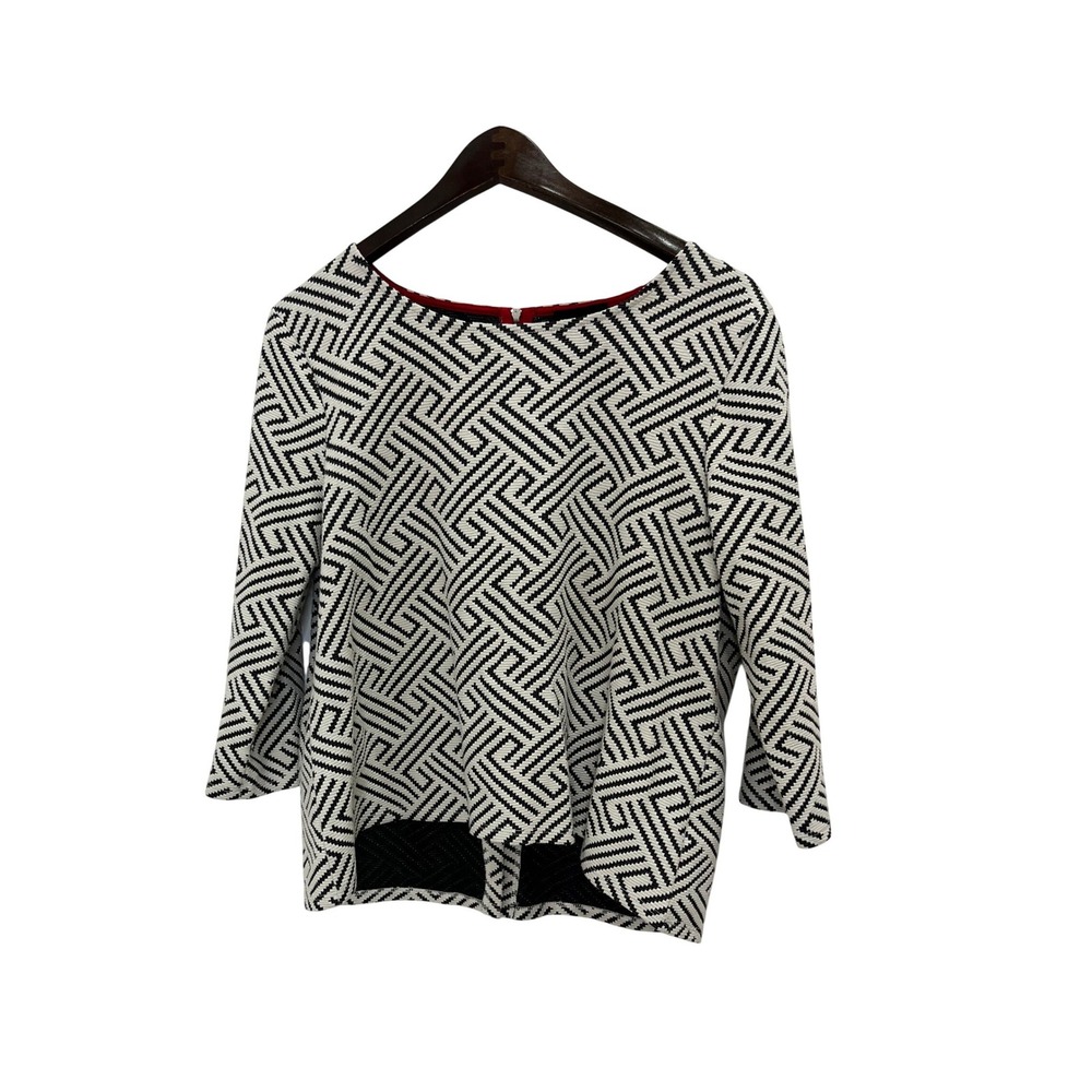 W5 Geometric‎ Print Top Women Medium Black White Good 3/4 Sleeve Exposed Zipper